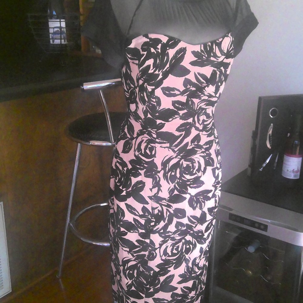 ENFOCUS STUDIOS BLACK AND PALE PINK PRINT DRESS WITH SHEER BODICE-6